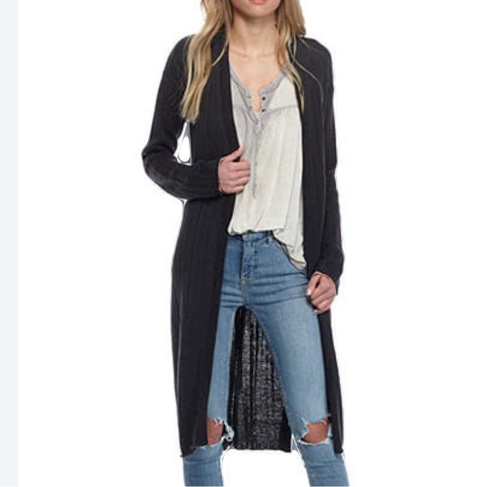 NWT Free People Ribbed Knit Slim Long Cardigan Black